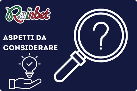 Rainbet aspetti da considerare: lente di ingrandimento con punto interrogativo e icona lampadina su sfondo blu scuro