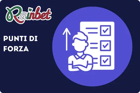 Rainbet punti di forza: icona persona con checklist e freccia verso l'alto su sfondo viola